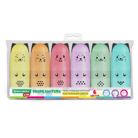 превью Набор текстовыделителей мини 6 ЦВЕТОВ BRAUBERG KIDS «CUTE CATS PASTEL», линия 1-5 мм