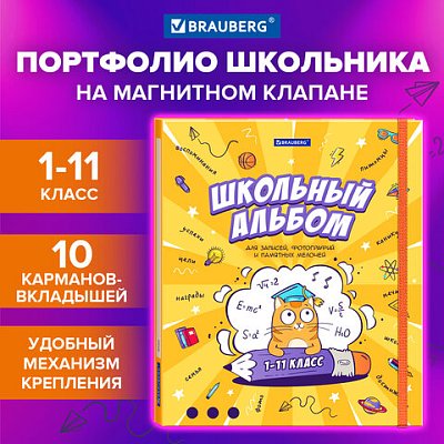 Папка-портфолио школьника, А4, ШКОЛЬНЫЙ АЛЬБОМ, 10 вкладышей, магнитный клапан 7БЦ, BRAUBERG