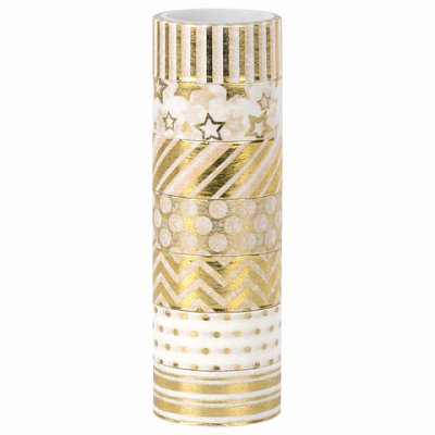 Клейкие WASHI-ленты для декора с фольгой ЗОЛОТИСТЫЕ, 15 мм х 3 м, 7 шт., рисовая бумага, ОСТРОВ СОКРОВИЩ, 661712