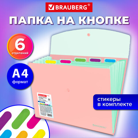 Папка-органайзер конверт на кнопке 6 отделений, BRAUBERG «Extra», A4, персиковая с мятным