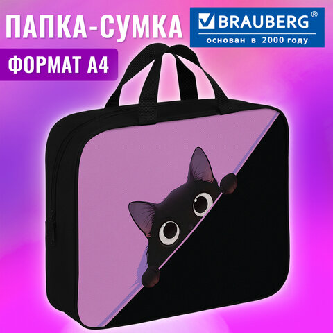 Папка на молнии с ручками BRAUBERG А4, 1 отделение, полиэстер, 80 мм, «Прячущийся котик»
