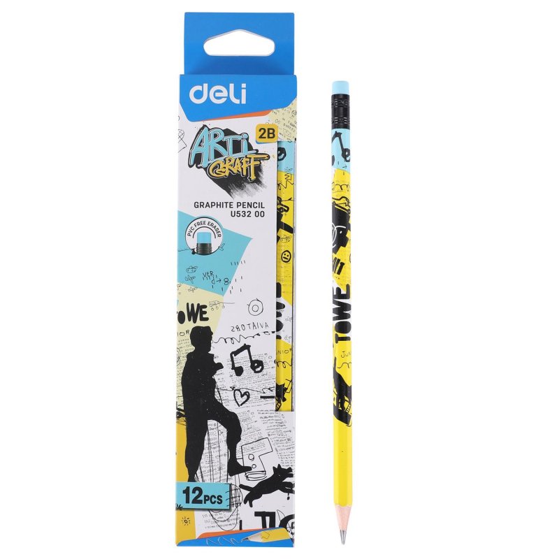 Карандаш чернографитный Deli Arti Graff 2B с ластиком заточенный шестигранный