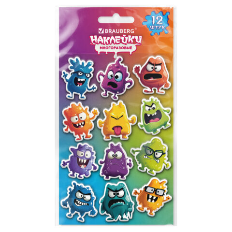 превью Наклейки зефирные кросс-серия МОНСТРИКИ, многоразовые, 10×15 см, BRAUBERG