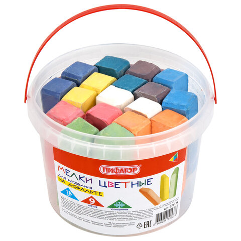 Мел в ведерке для рисования на асфальте 18 штук, ПИФАГОР, цветной квадратный УТОЛЩЕННЫЙ