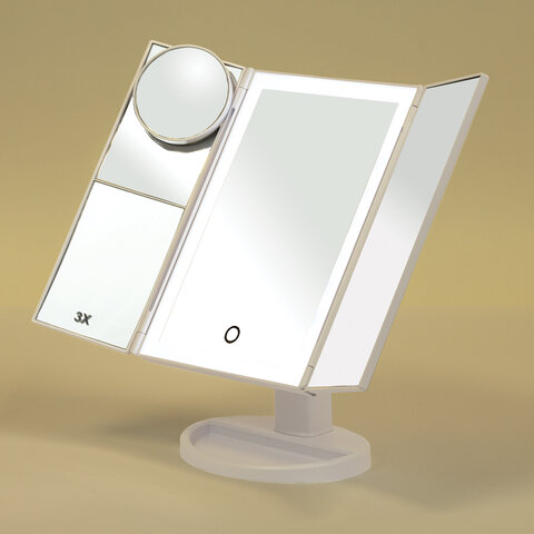 Зеркало настольное с LED-подсветкой для макияжа, размер 24×18 см, складное, увеличение х2, х3, х10, белое, BRABIX