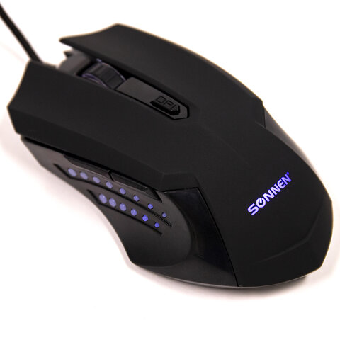 Мышь проводная игровая SONNEN I3, пластик, 6 кнопок, 800-2400 dpi, LED-подсветка, черная