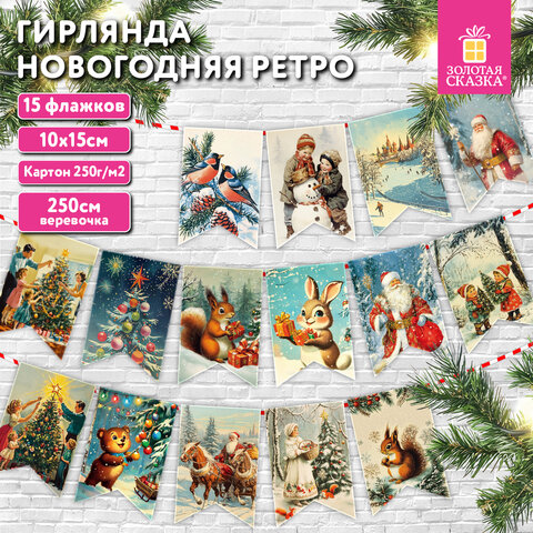 Гирлянда новогодняя «Ретро», 15 флажков, 10×15 см, картон, 2.5м жгут, ЗОЛОТАЯ СКАЗКА