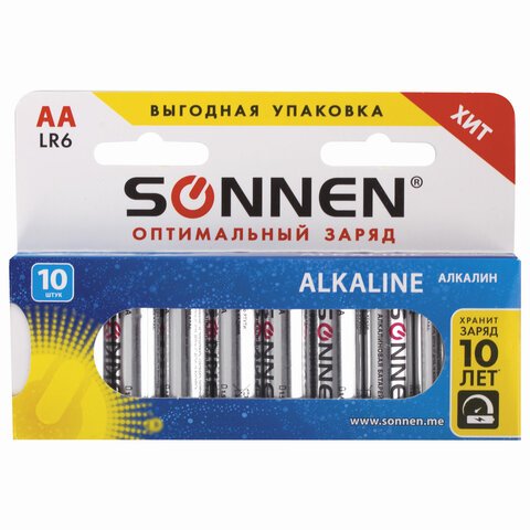 Батарейки SONNEN Alkaline, АА (LR06, 15А), алкалиновые, КОМПЛЕКТ 10 шт., в коробке