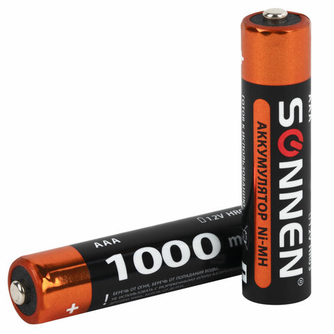 Батарейки аккумуляторные Ni-Mh мизинчиковые КОМПЛЕКТ 4 шт., AAA (HR03) 1000 mAh, SONNEN