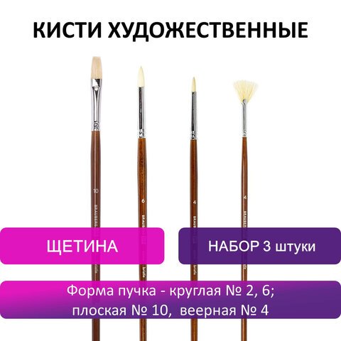 Кисти художественные BRAUBERG ART, набор 4 шт. (щетина круглая № 4, 6, плоская № 10, веерная № 4)