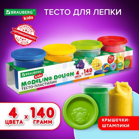 превью Пластилин-тесто для лепки BRAUBERG KIDS, 4 цвета, 560 г, яркие классические цвета, крышки-штампики