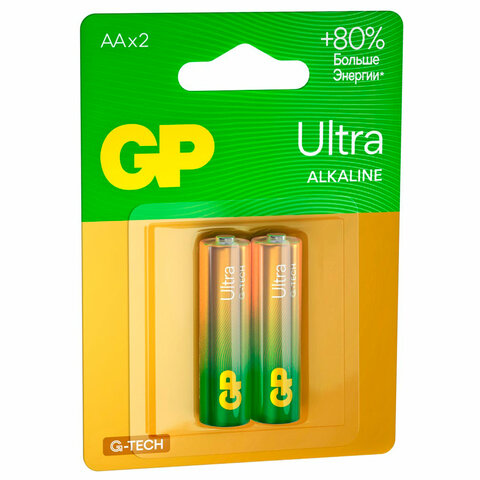 Батарейки КОМПЛЕКТ 2 шт., GP Ultra G-Tech, AA (LR6.15А), алкалиновые, пальчиковые