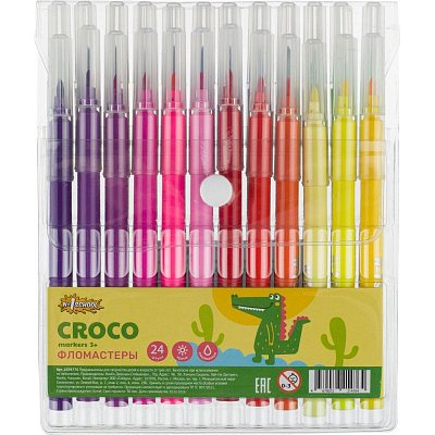 Фломастеры №1School Croco 24цв., прозр. колп, смыв, блист. упак. c кнопкой