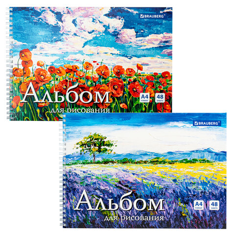 превью Альбом для рисования, А4, 48 л., гребень, обложка картон, BRAUBERG, 205×290 мм, «Летний пейзаж» (2 вида)