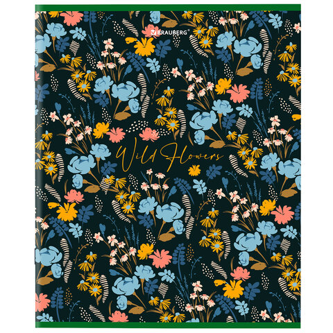 Тетрадь А5, 96 л., BRAUBERG, скоба, клетка, глянцевая ламинация, «Wild Flowers»