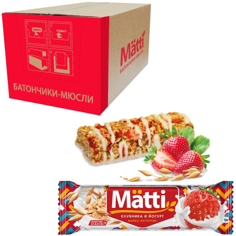 превью Батончик мюсли Matti Клубника и йогурт, 24гх24шт/уп