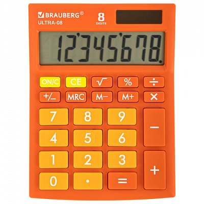 Калькулятор настольный BRAUBERG ULTRA-08-RG, КОМПАКТНЫЙ (154×115 мм), 8 разрядов, двойное питание, ОРАНЖЕВЫЙ