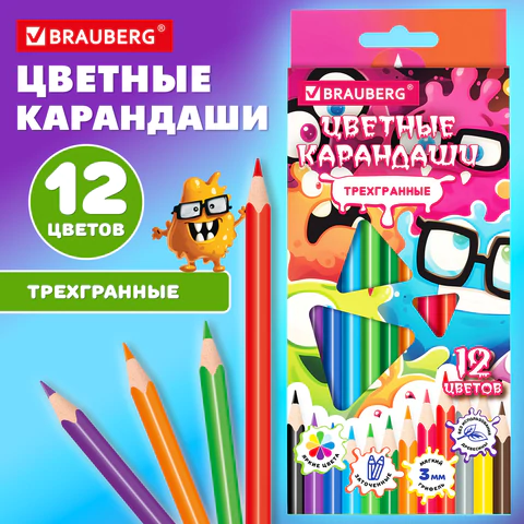 Карандаши цветные кросс-серия МОНСТРИКИ, 12 цветов, трехгранные, BRAUBERG