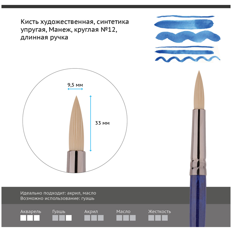 Кисть художественная синтетика упругая Гамма «Манеж», круглая №12, длинная ручка