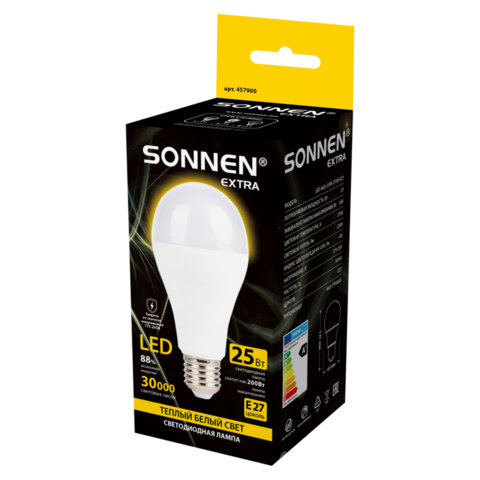 Лампа светодиодная SONNEN EXTRA, 25 (200) Вт, Е27, груша, теплый белый, 30000 часов, LED A65-25W-2700-Е27