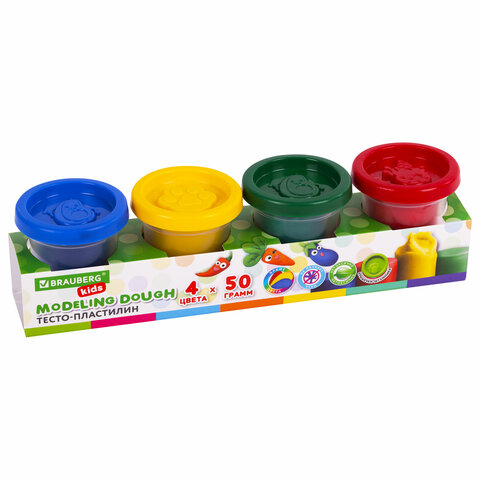 Пластилин-тесто для лепки BRAUBERG KIDS, 4 цвета, 200 г, яркие классические цвета, крышки-штампики