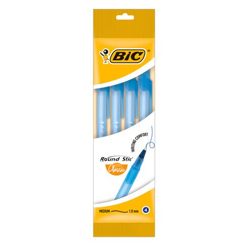 превью Ручки шариковые BIC «Round Stic», НАБОР 4 шт., СИНИЕ, узел 1 мм, линия письма 0.32 мм, пакет