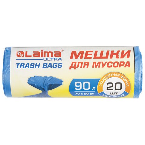 Мешки для мусора LAIMA «ULTRA» 90 л синие 20 шт. прочныеПНД 14 мкм70×90 см607693