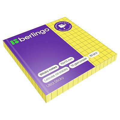 Самоклеящийся блок Berlingo «Ultra Sticky», 75×75мм, 80л, в клетку, желтый неон