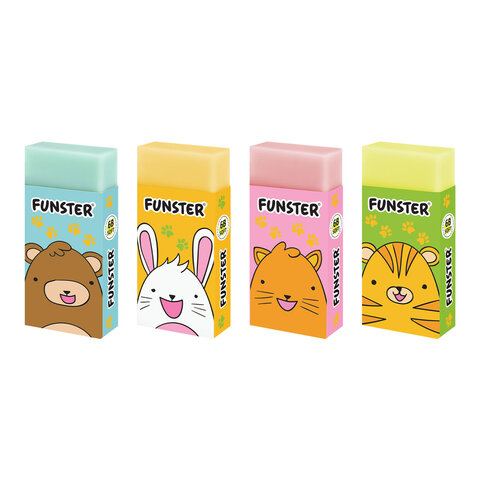 Ластик FUNSTER (ФАНСТЕР) «ANIMALS», 50×24х10 мм, прямоугольный, картонный держатель, экологичный ПВХ, ассорти