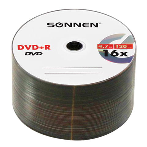 Диски DVD + R (плюс) SONNEN 4.7 Gb 16x Cake Box, КОМПЛЕКТ 50 шт. 