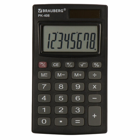 Калькулятор карманный BRAUBERG PK-408-BK (97×56 мм), 8 разрядов, двойное питание, ЧЕРНЫЙ