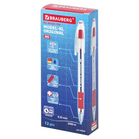 Ручка шариковая масляная с грипом BRAUBERG «Model-XL» ORIGINAL, КРАСНАЯ, узел 0.7 мм, линия письма 0.35 мм, 143244
