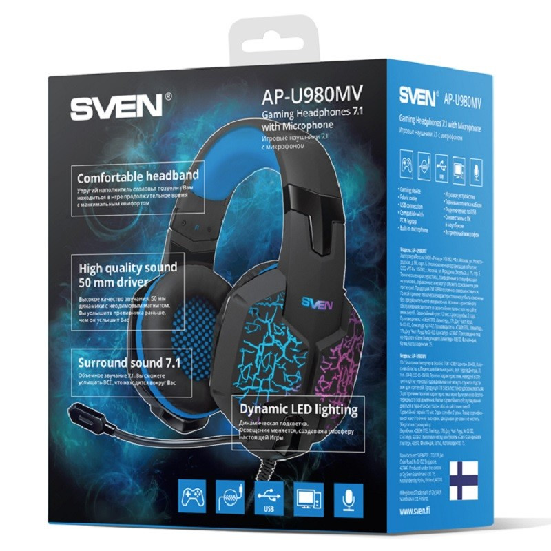 Наушники с микрофоном (гарнитура) SVEN AP-U980MV, проводные, 2.2 м, объемный звук 7.1, черно-синие