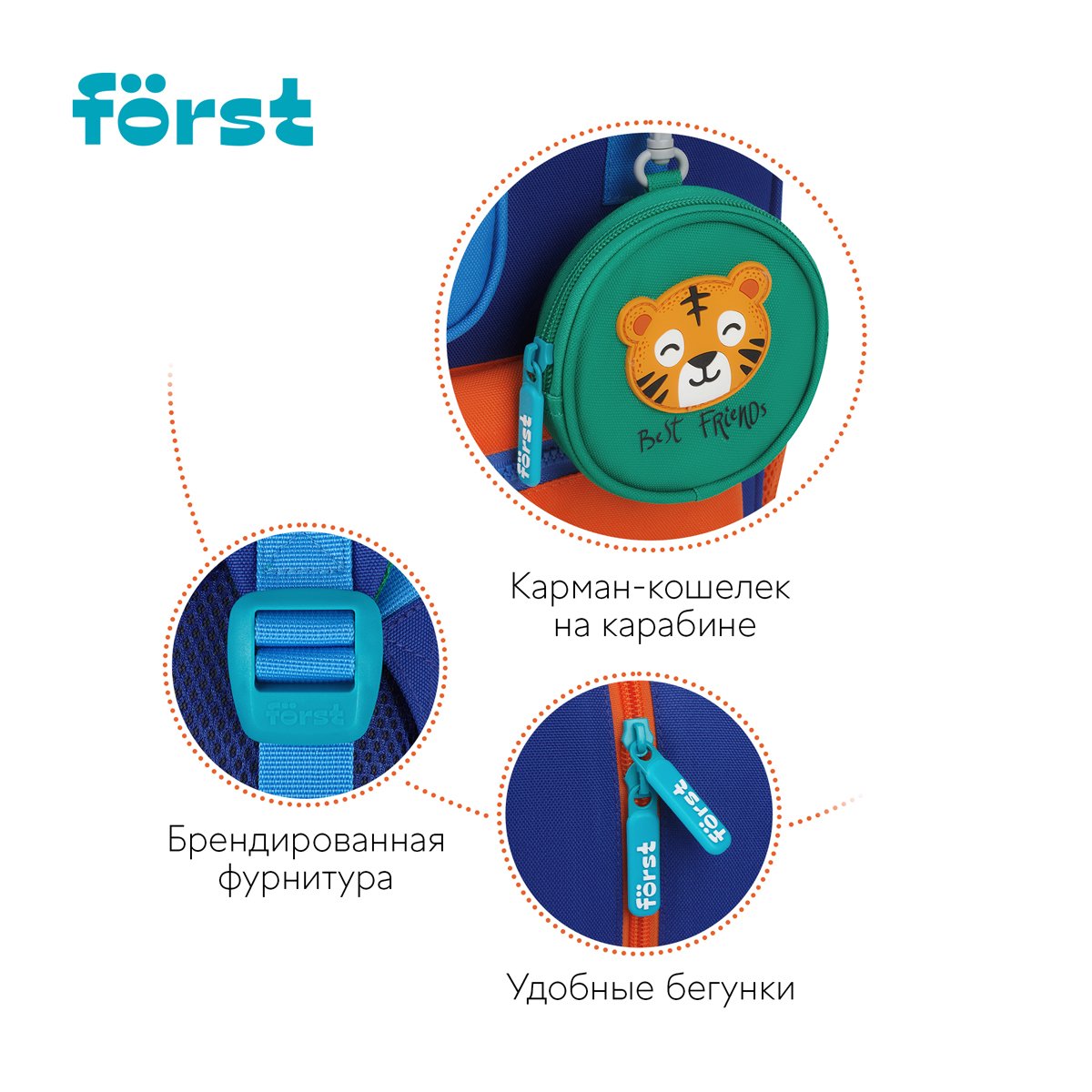 Рюкзак Först F-Kids «Hi, Tiger! » 30.5×25.5×12.5см, 1 отделение, 5 карманов, эргономичная спинка