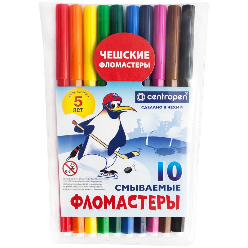 Фломастеры CENTROPEN, 10 цветов, «Пингвины», смываемые, вентилируемый колпачок, полибег