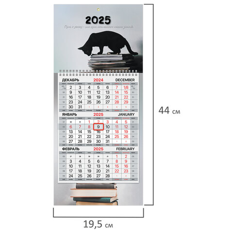 Календарь квартальный на 2025 г., 1 блок, 1 гребень, с бегунком, МИНИ, офсет, BRAUBERG, «Smart cat»