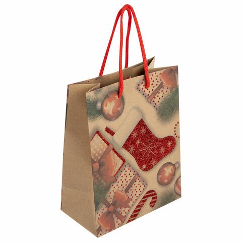 превью Пакет подарочный (1 штука) новогодний 18×10x23 см, ЗОЛОТАЯ СКАЗКА «Christmas Kraft», глиттер