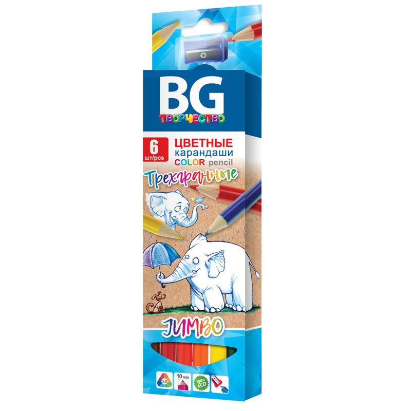 превью Карандаши цветные BG «Jumbo», 06цв., трехгран., толстые, 5.0мм, европодвес