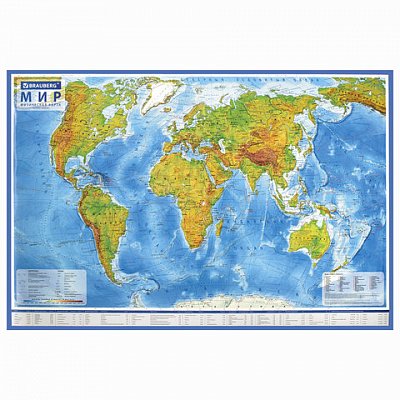 Карта мира физическая 101×66 см, 1:29М, с ламинацией, интерактивная, европодвес, BRAUBERG