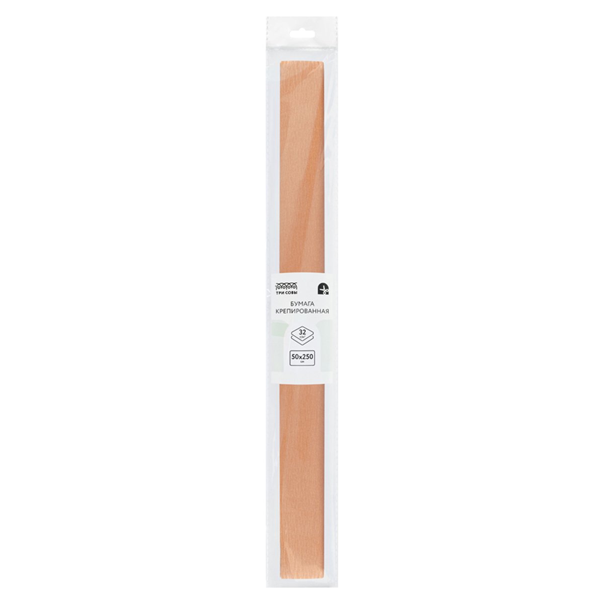 превью Бумага крепированная ТРИ СОВЫ, 50×250см, 32г/м2, персиковая, в рулоне, пакет с европодвесом