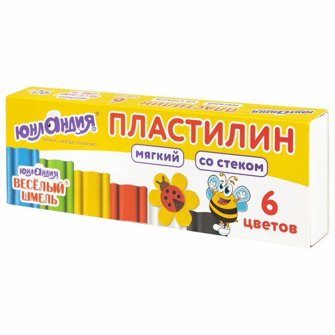 Пластилин мягкий ЮНЛАНДИЯ «ВЕСЕЛЫЙ ШМЕЛЬ», 6 цветов, 90 г, СО СТЕКОМ