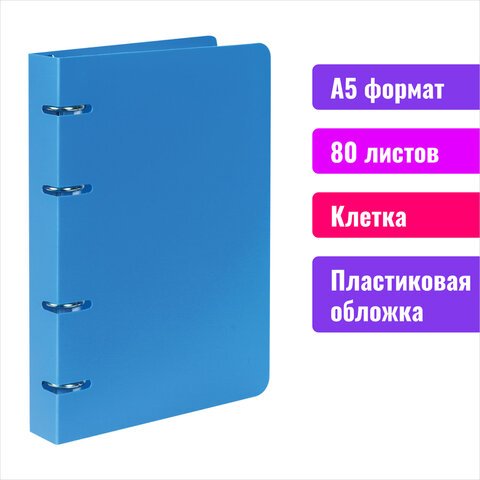 Тетрадь на кольцах, 80 л., BRAUBERG, А5, 160×205 мм, клетка, обложка пластик, «Голубой»