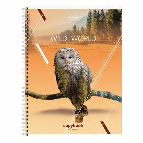 Тетрадь А4, 80 л., BRAUBERG, гребень, клетка, глянцевый лак, WILD