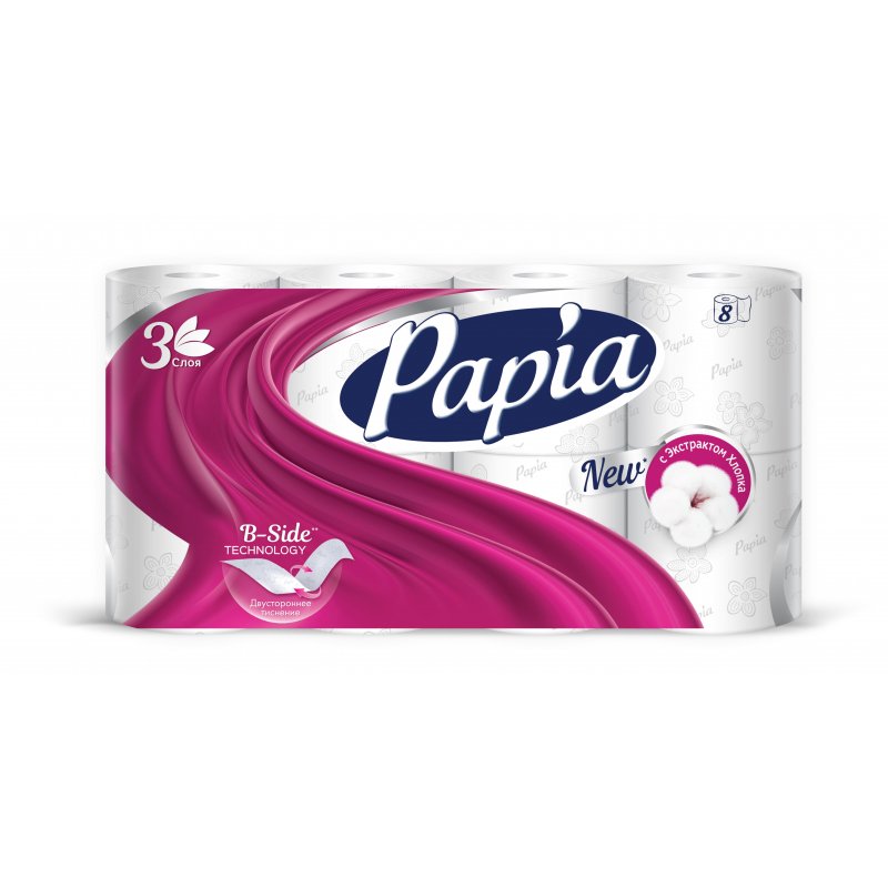 Бумага туалетная Papia (3-слойная, белая, 8 рулонов в упаковке)