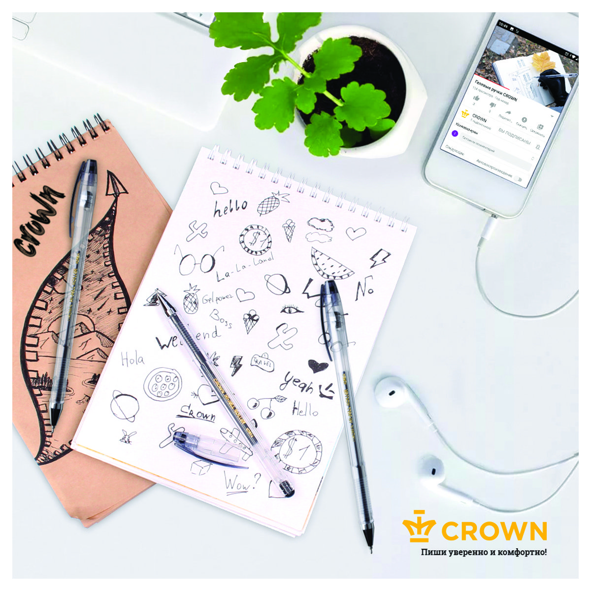 Ручка гелевая Crown «Hi-Jell Needle» черная, 0.5мм, игольчатый стержень