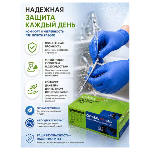 Перчатки нитриловые смотровые сверхпрочные CRYSTAL PRO MAX, 50 пар (100 шт. ), размер M (средний), синие