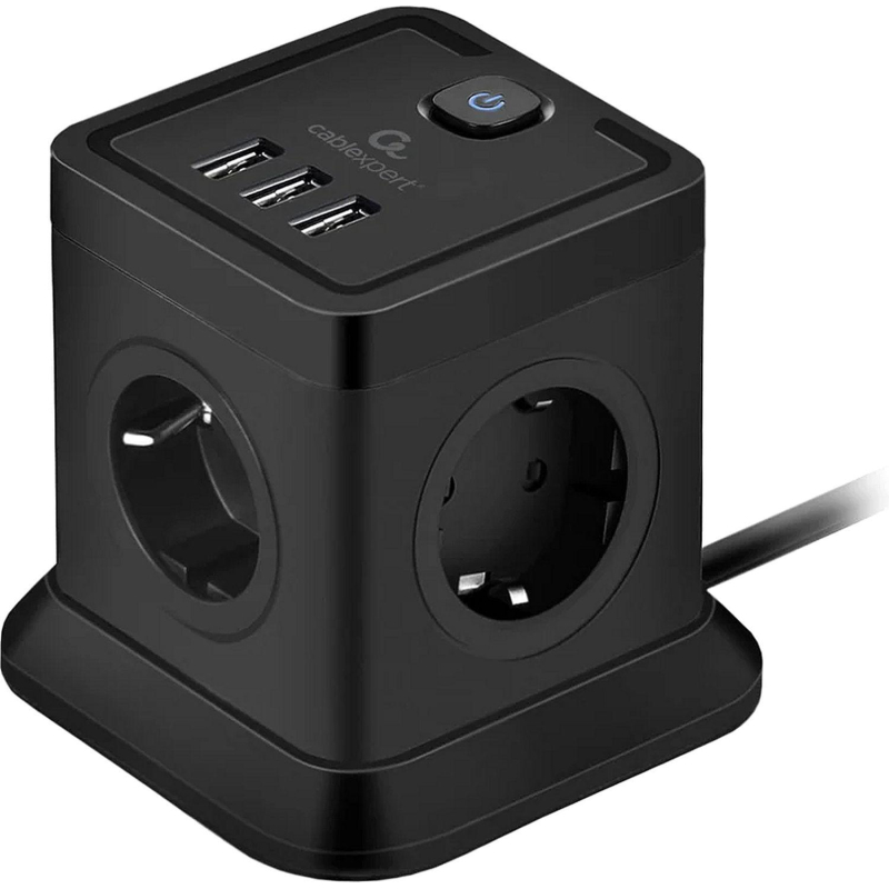 превью Сетевой фильтр Cablexpert Tower 4р/2м, 10А, 3xUSB, черный(TWR-4-U3-B-2)