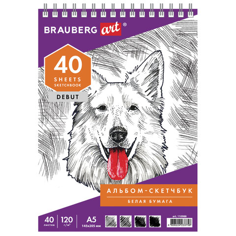 превью Скетчбук, белая бумага 120 г/м2, 145×205 мм, 40 л., гребень, жёсткая подложка, BRAUBERG ART «DEBUT», 110988