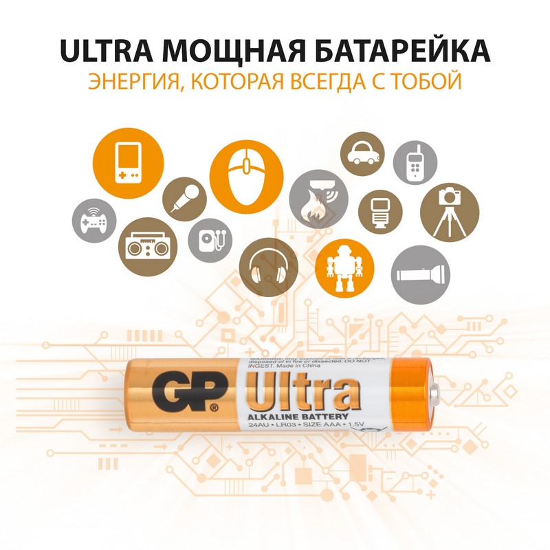 Элементы питания батарейка GP Ultra AAA/LR03/24A алкалин., бл/4