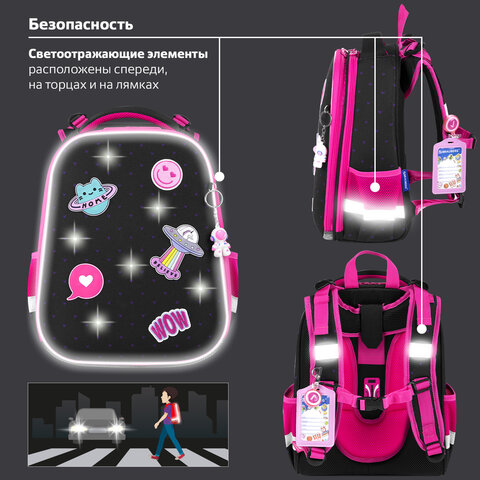 Ранец BRAUBERG PREMIUM, 2 отделения, с брелоком, «Space sweets», LED-ЛАМПОЧКИ, 38×29х16 см